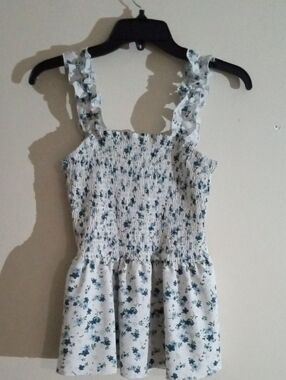 Large White Halter Top with Blue Flowers